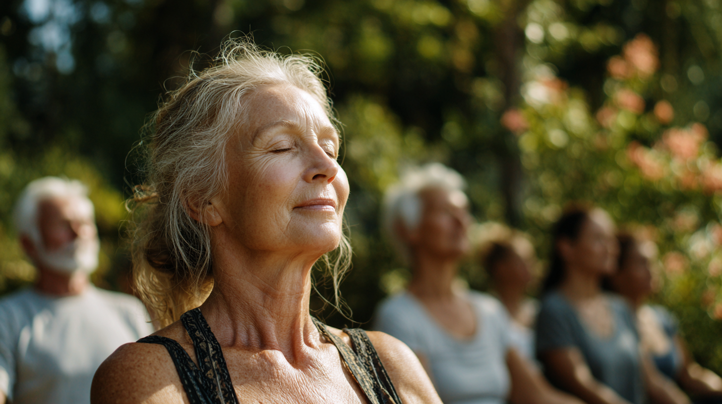 Група людей зрілого віку практикує йогу на природі в ранкових променях сонця