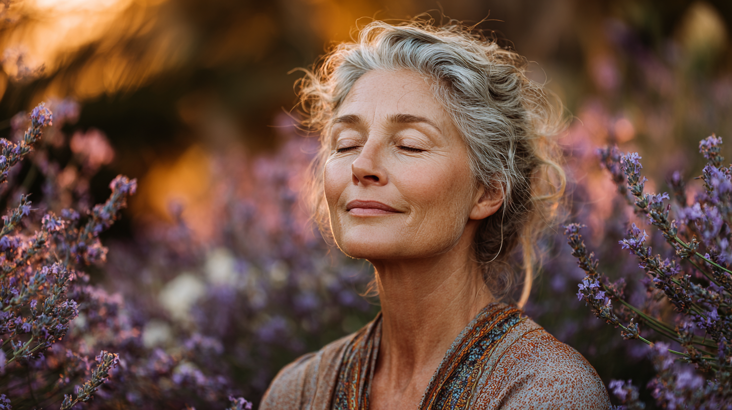 Жінка зрілого віку в позі медитації на березі озера під час заходу сонця